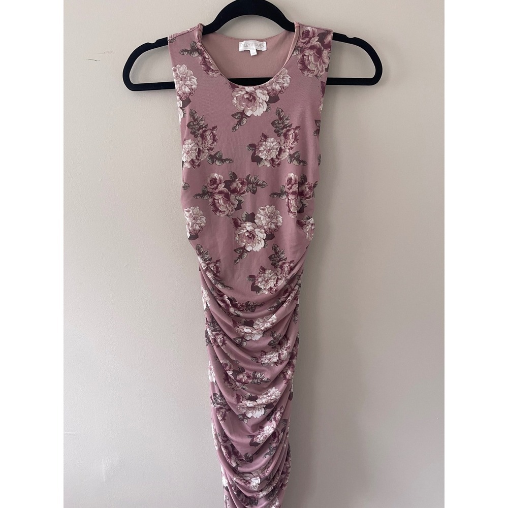 Riley & James Mauve Floral Ruched Bodycon Sleeveless Mesh Dress Small